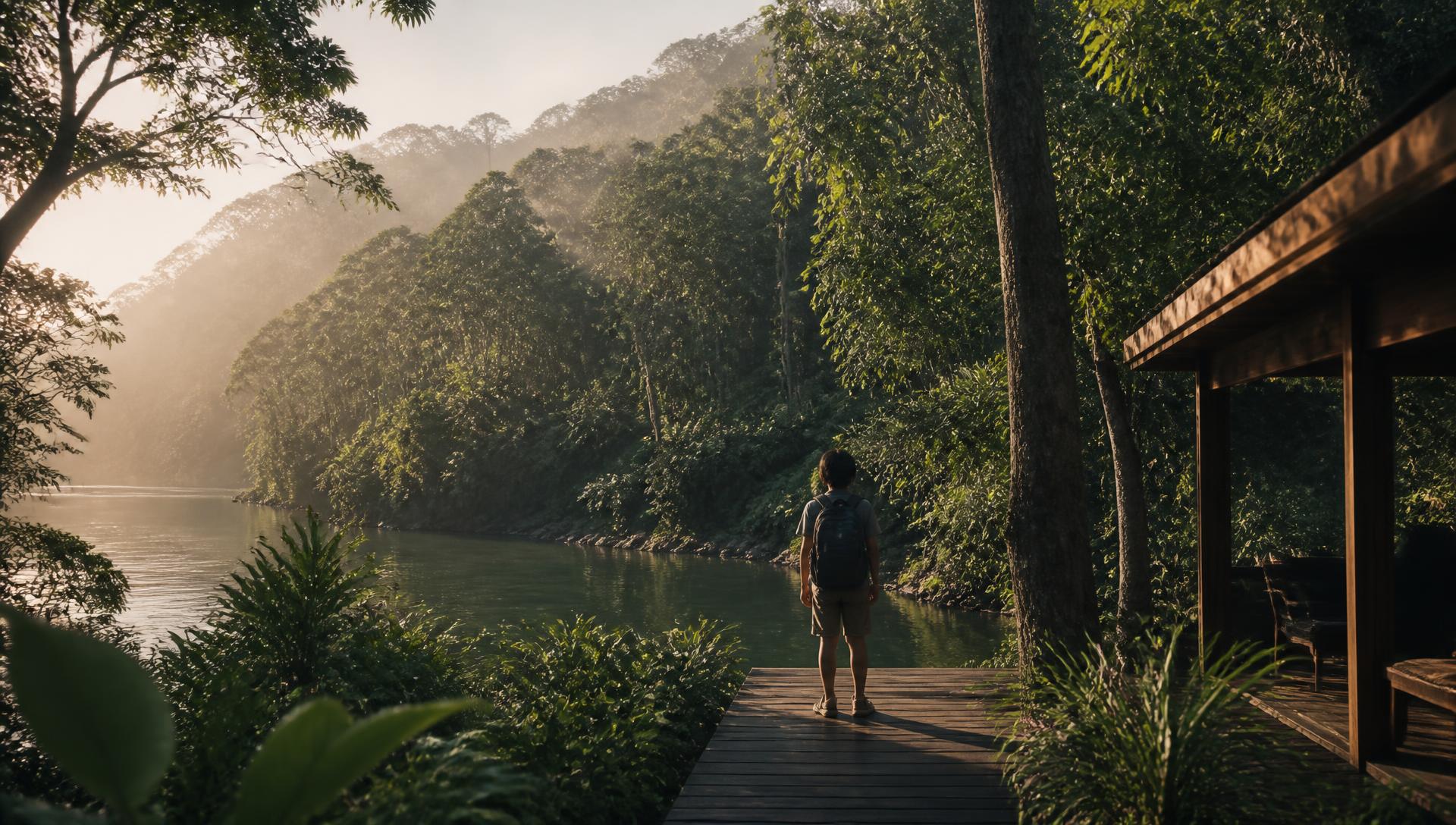 Amanhecer na Mata Atlântica de Cananeia com a propriedade Sagrada Essência integrada à paisagem e Lucas no deck de madeira